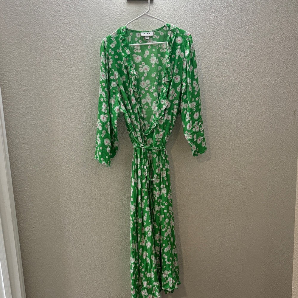 RIXO Green Floral Long Sleeve Wrap Dress